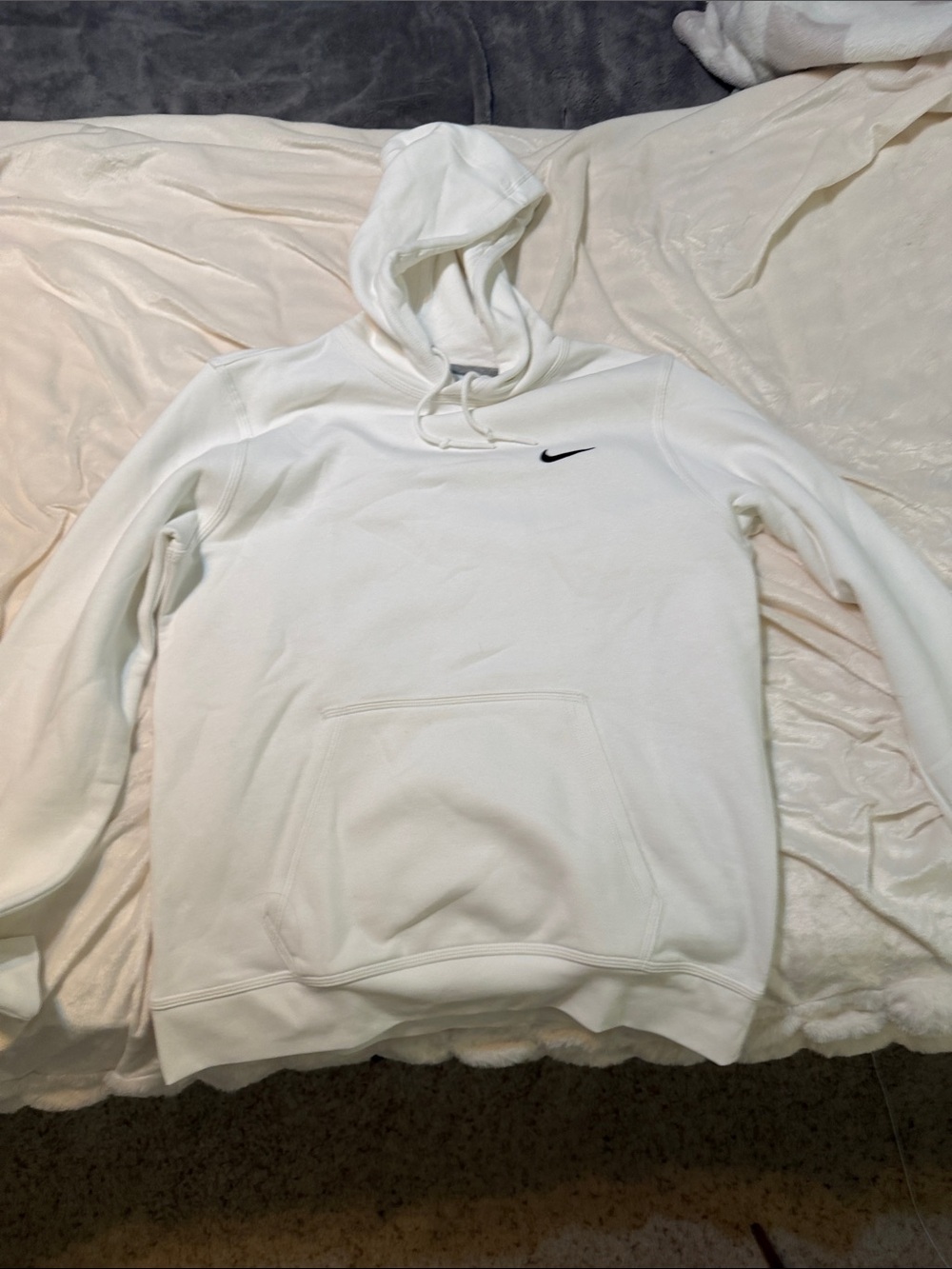 Nike White Men's Crewneck Hoodie with Black Swoosh